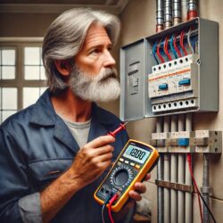 electrician testing a residential distribution board with a multimeter standing indoors e1744354373513 - electrical,powering,Gauteng - Founded and led by Daniel Ockert de Klerk, our company brings over 20 years of hands-on technical expertise to address your energy, electrical, and network needs. This technical grounding is complemented by extensive experience in diverse environments, from hospitals to industrial facilities, working on a wide array of equipment and systems.